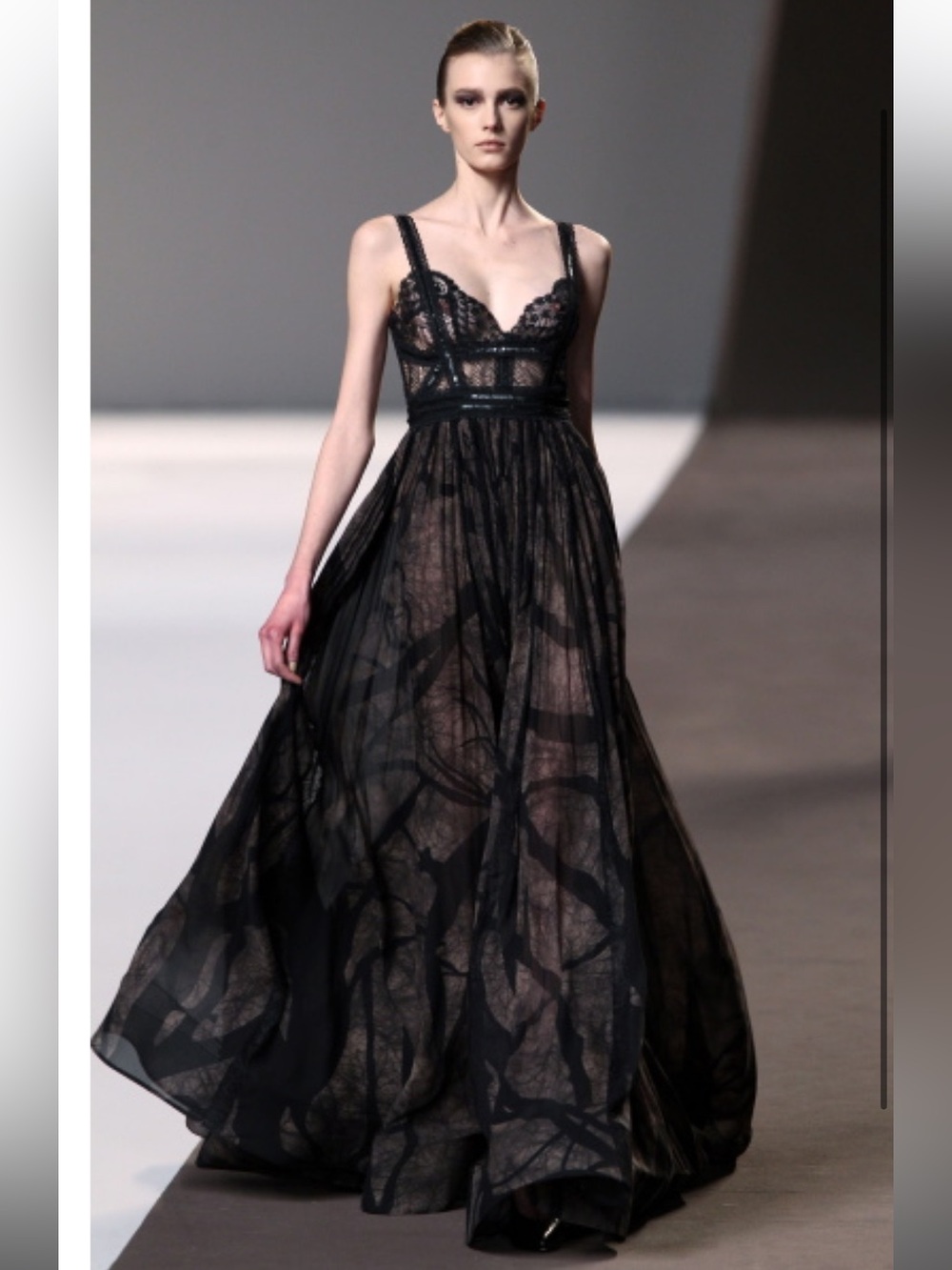 Elie Saab Black and Burgundy Lace Sheer Maxi Gown